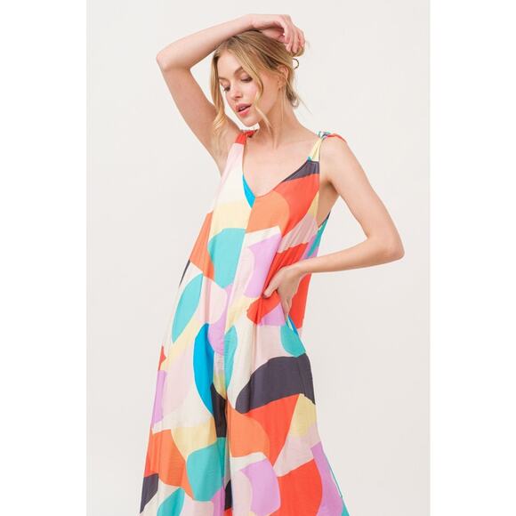 And The Why Tied Shoulder Straps Geo Print Pockets Wide Leg Jumpsuit | Yellow - Picture 10 of 11